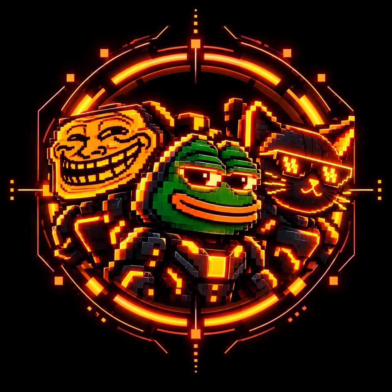 Robotic troll, Pepe frog, and neon cat in glowing cyber armor